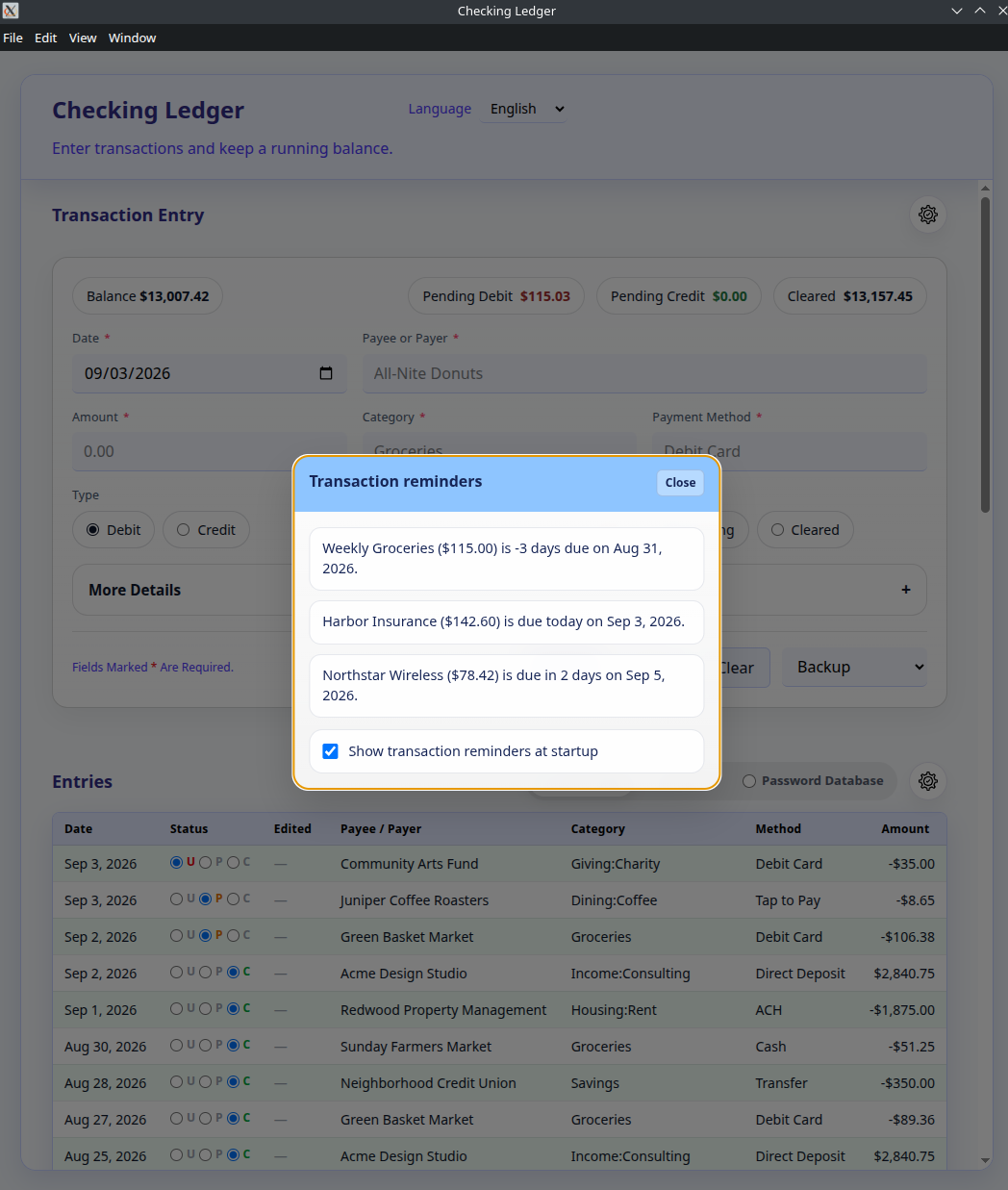 Transaction reminders above the ledger