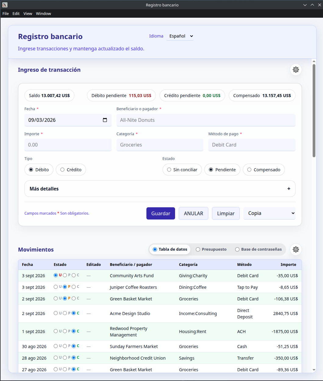 Bank Ledger in Spanish