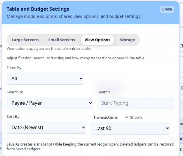 Filtering and sorting settings